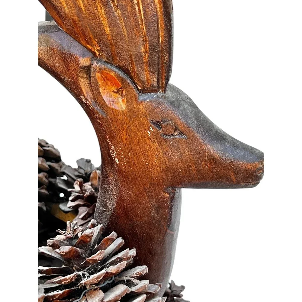 Pinecone Basket with Hand-Carved Wooden Deer Handle Dated 1994